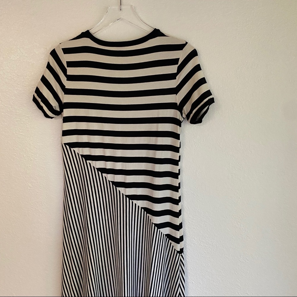 WHO WHAT WEAR asymmetrical stripe maxi shirt dress
